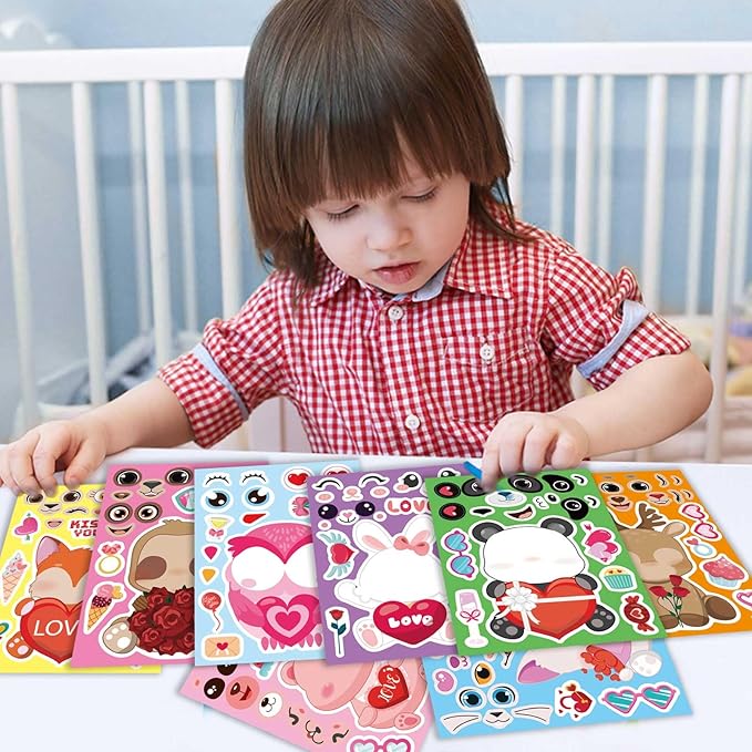 32 Sheets Valentine Stickers for Kids, Valentine' s Day Make a Face Stickers, Make Your Own Valentine Sticker for Boys Girls, Valentines Gifts Classroom Teacher Reward Valentine' s Day Party Supplies