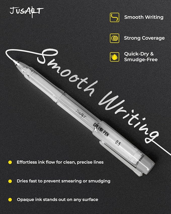 JusArt Silver Pens with 0.4mm, 0.5mm & 1.0mm Assorted Tips, Opaque Ink Gel Pens for Black Paper, Drawing, Journaling & DIY Crafts, Ideal Drawing Pens for Artists & Art Supplies, 3 Pack