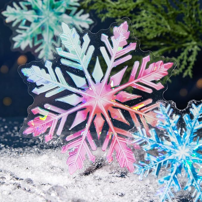 Yoksas Holographic Ice Crystal Snowflake Stickers - 60 Pcs Large Clear Snowflake Stickers for Scrapbooking, Journaling, Planners, Resin Art Supplies