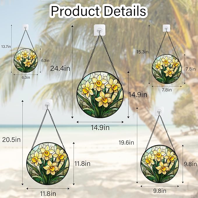 Stained Glass Window Hanging, Daffodil Plant Flowers Sun Catchers Diamond Glass Panel Hangings Suncatcher Decor for Birthday for Women, Men, Wife, Aunt, and Mom 7.8 in