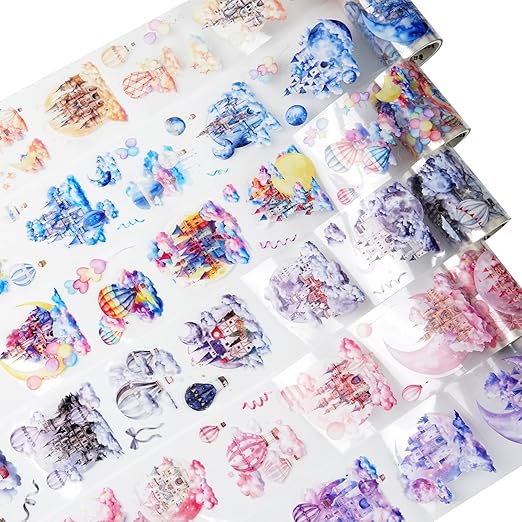 Cloud-Themed Pre-Cut PET Tape Set, 6 Rolls of Fantasy Castle and Balloon Stickers for Scrapbooking, Journaling, and DIY Craft Supplies
