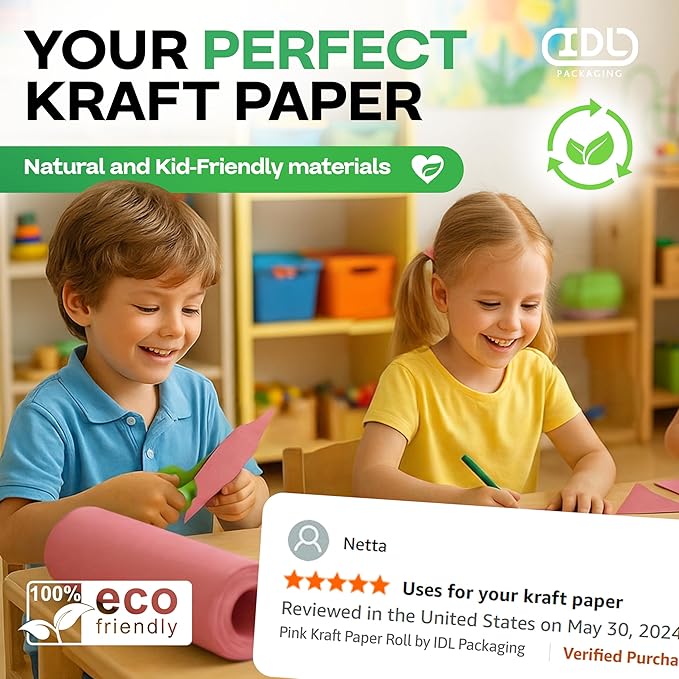 12" x 1200" (100 feet) Pink Kraft Paper Roll, Pack of 4 - USA-Made Quality Craft Paper for Gift Wrapping, Kids Arts & Crafts, School Projects - 100% Recycled Natural, 50lb Thickness by IDL Packaging