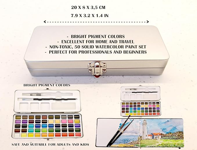 EG Liberty - 50 Color Watercolor Paint Set – Solid Watercolors in Durable Metal Tin – Non-Toxic Portable Travel Kit with Brushes & Mixing Palette – Art Supplies for Artists, Students, Beginners & Kids