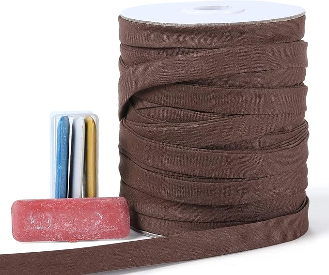 Bias Tape Double Fold 1/2 inch, Double Fold Bias Binding Tape 55 Yards (Brown) and 4 Pieces Sewing Fabric Chalks for Crafts, Sewing, Seaming, Hemming, Piping, Quilting.