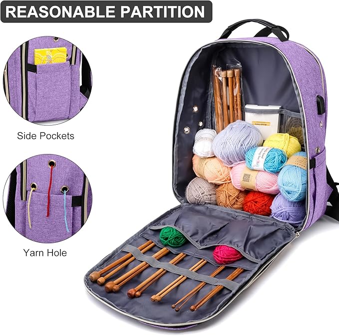 Knitting Bag Backpack, Crochet Bag Tote, Large Yarn Storage Tote Bag with USB Charging Port, Yarn Holder Case for Carrying Projects, Knitting Needles, Yarn Supplies, Purple