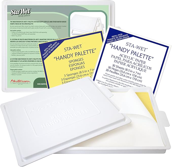 Masterson Sta-Wet Handy Palette Bundled Set, 8.5in x 7in Airtight Wet Painting Palette, with 30 Acrylic Paper Refill Sheets and 3 Sponge Refill Pack, Keeps Wet Paint Fresh for Days, Made in USA