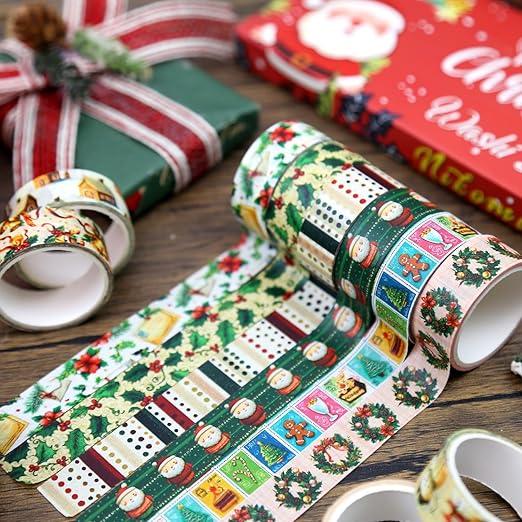 12 Rolls Christmas Washi Tape Set, Vintage Cartoon Xmas Decorative Tape Santa Holiday Retro Masking Tape for Journaling Supplies, Junk Journal, Scrapbooking, DIY Arts & Crafts, Gift Wrapping