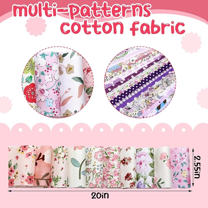 Ganeen 100 Pcs Pink Purple Floral Quilting Fabric Roll 2. 56 Inch Fabric Squares Jelly Patchwork Precut Strips Bundles for Holiday Materials Craft DIY Sewing Cloths