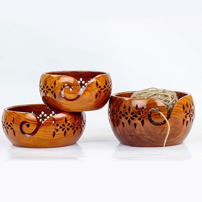 Nagina International Rosewood Crafted Wooden Yarn Storage Bowl With Carved Holes & Drills | Knitting Crochet Accessories (Set)