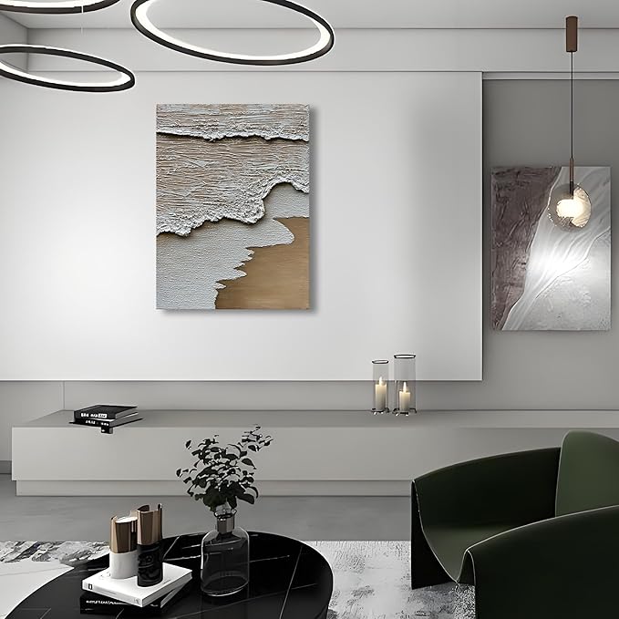 Art Hand Painted 3D Modern Abstract Art Oil Painting White Ocean Wave Landscape Painting 40x28 Inch Home Office Corridor Wall Decoration Art