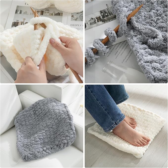 HOMBYS Chunky Chenille Yarn for Hand Knitting - 4 Cream + 4 Light Grey, Fluffy Soft Jumbo for Crocheting, Super Bulky Big for Chunky Blanket, Large Thick Arm Knitting, 8 Pack Plush