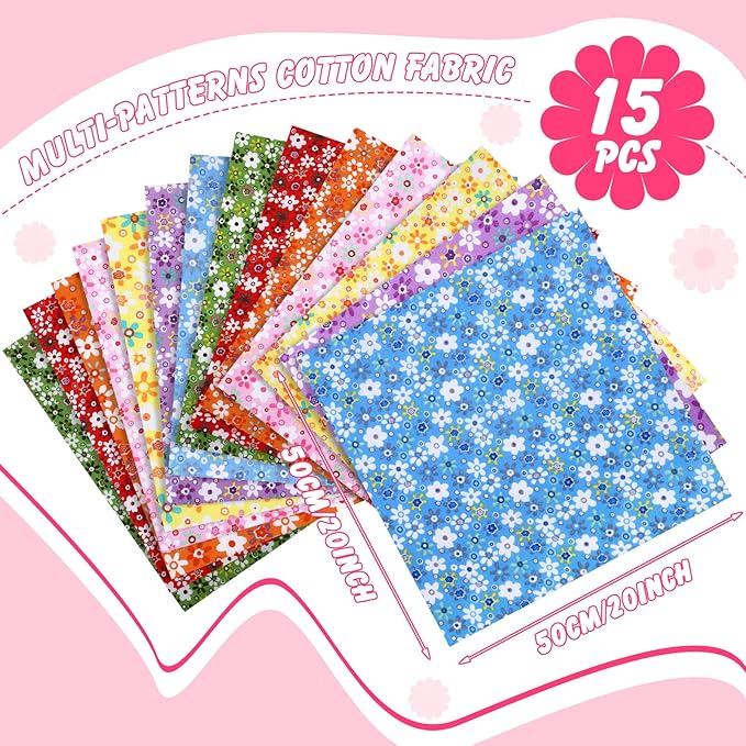Kingdder 15 Pcs 20 x 20 Inch Cotton Fabric Floral Square Quilting Patchwork Flower Fabric Fat Quarter Colorful Printed Square Patchwork Fat Bundles for DIY Crafts Cloths Handmade Accessories Supplies