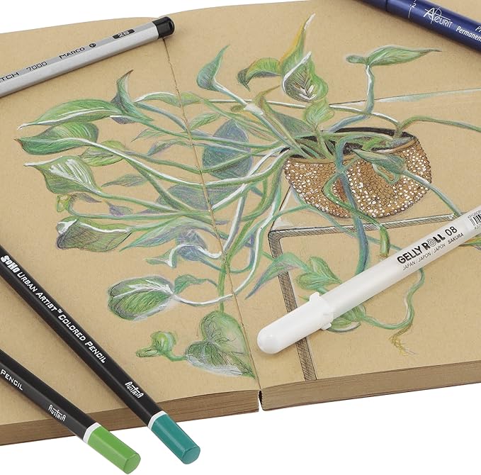SoHo Urban Artist Open Bound Sketch Pads - Open Coptic Bound Sketch Pads for Drawing, Calligraphy, Any Dry Media, & More! - [Grey, White, & Kraft - 8.5x11-3 Pack]