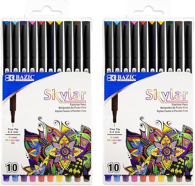 BAZIC Products Skylar Fineliner Pen, Fine Tip 0.4mm Pens, Assorted Colors, Writing Drawing Bullet Journaling for Art Graphic Office School, 10 Count, 2-Pack