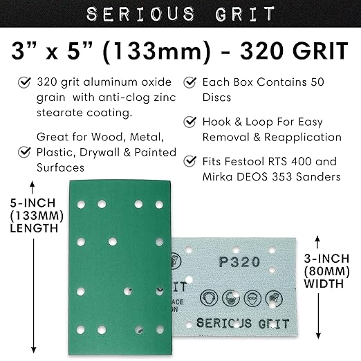 Serious Grit - 3" x 5" (80mm x 133mm) 14-Hole 320 Grit Sanding Sheets - Fits Festool RTS 400 & Mirka Deos 353 - Heavy-Duty Hook & Loop Film Abrasives - Sandpaper for Sheet Sanders - 50 Pack Box