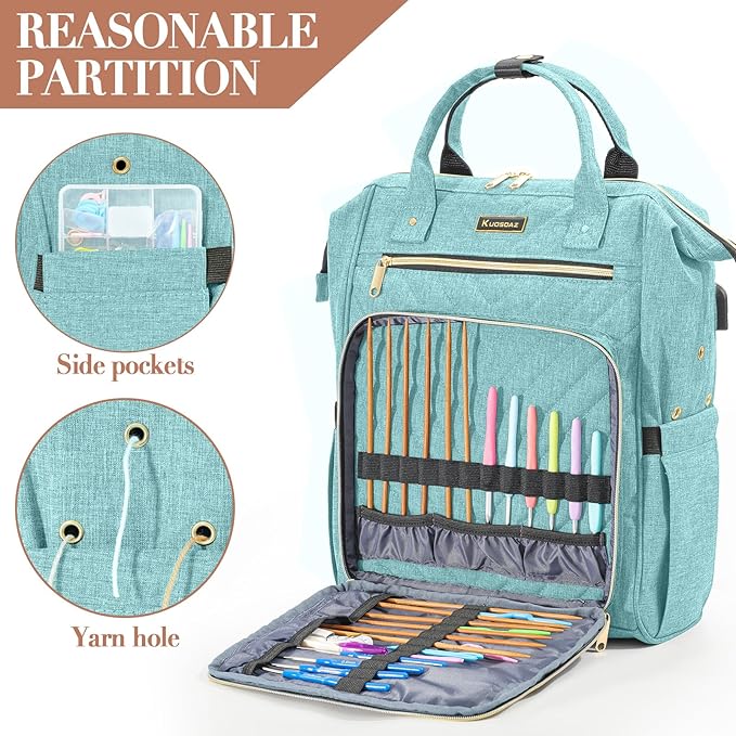 Knitting Bag Backpack, Yarn Organizer with USB Charging Port, Quilted Backpack for Women, Christmas Gifts Large Travel Crochet Bag Totes for Crochet Hooks, Knitting Needles, Yarn Supplies, Teal
