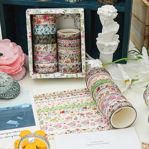 18 Rolls Seasons Flowers Washi Tape Set Floral Arts Adhesive Tapes Blooming Garden Decorative Masking Tape Sets for Craft, Kids, Scrapbook, DIY, Gift Wrapping (Spring)
