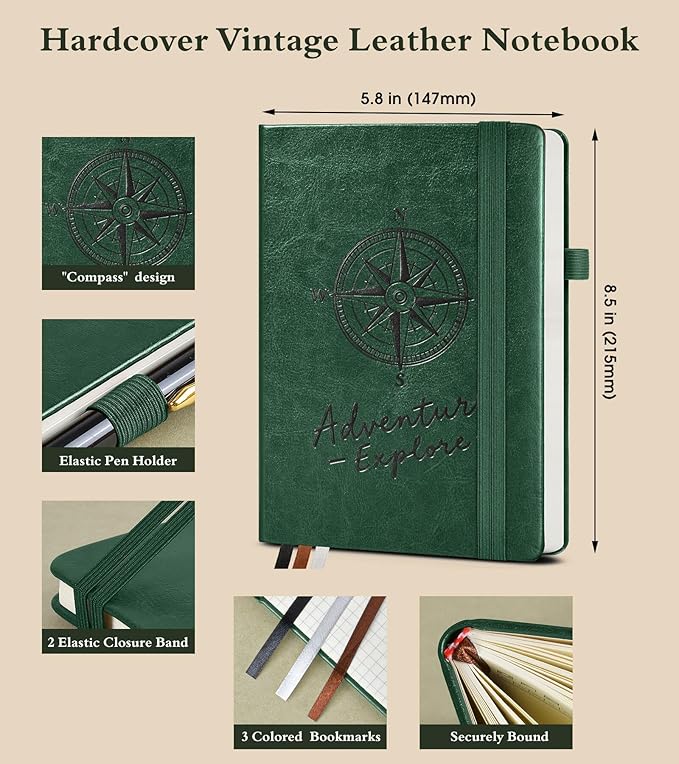 Graph Notebook for Women Men, 160 Pages Grid Paper, Graphing Notebooks for School, Work, Quad Ruled, Inner Pocket, A5 Hardcover Vintage Leather Journals for Writing, 5.8"x8.5" (Green)
