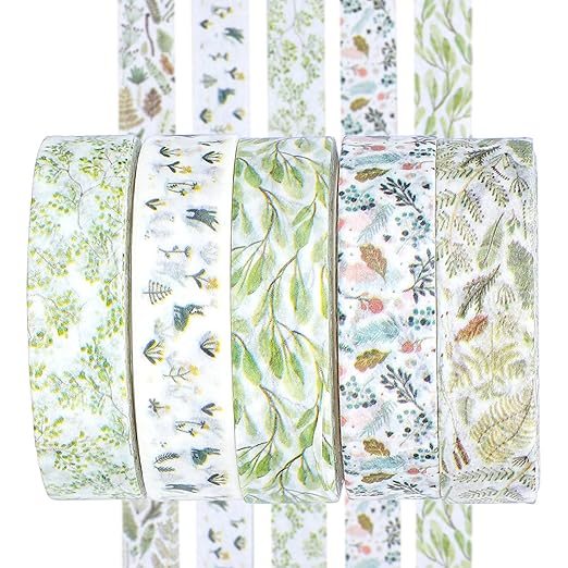 5 Rolls Cute Washi Tape, Green Floral Tape Creative Greens Thrive Decorative Tapes Skinny Slim Masking Tapes for Arts, DIY Crafts, Bullet Journals, Planners, Scrapbooking, Wrapping