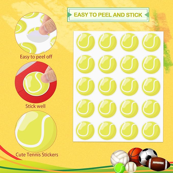 600 PCS Tennis Stickers for Kids, Tennis Ball Stickers Sport Balls Theme Decals Sticker for Crafts Scrapbooks Envelope Gifts Classroom Teacher Sports Birthday Party Decor, 1.5 Inch