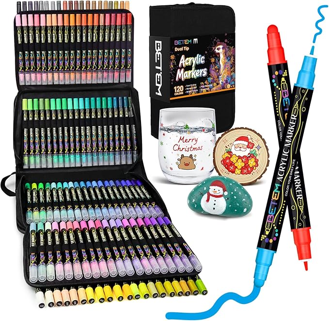 Betem Acrylic Paint Markers Pens, Dual Tip 120 Colors Premium Paint Pens Acrylic Markers for Wood, Fabric, Canvas, Stone, Rock Painting, Glass, Ceramic Surface, DIY Crafts Making Art Supplies with Bag