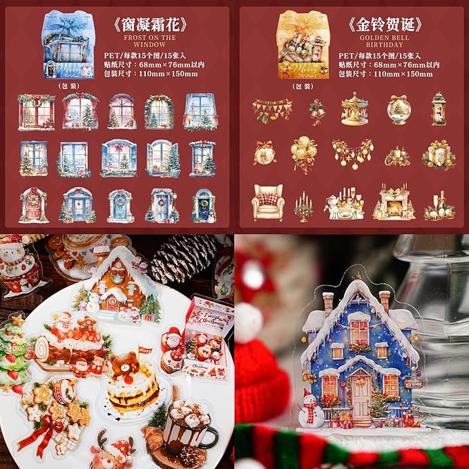 90 Pieces Christmas Aesthetic Stickers, Waterproof PET Winter Holiday Decals for Scrapbooking, Cards, Gift Wrapping, Planners, and Adult DIY Crafts (6 Packs)