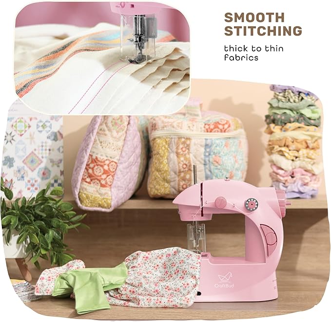 CraftBud Mini Sewing Machine for Beginners, Dual Speed Small Portable Sewing Machine for Kids and Adults with Extension Table, 122 Piece Gift Set Includes, Fabrics, Projects Book, Light and More, Pink
