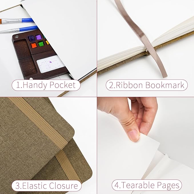 Vienrose Watercolor Sketchbook, 5.5"x8.2" Watercolor Journal with 24 Sheets 140 LB (300 GSM) Cotton Watercolor Paper, Brown Linen Cover Watercolcr Sketch Book As Travel Notebook Mixed Media Pad