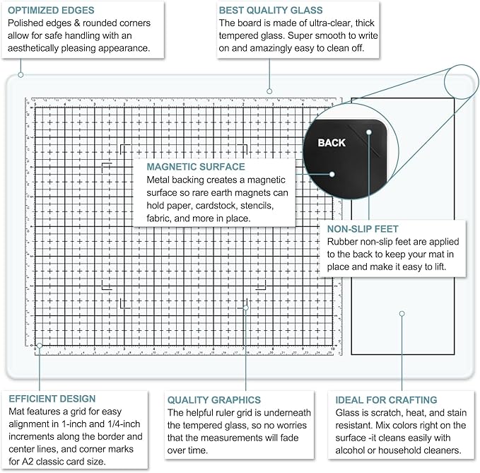 BAOFALI Magnetic Glass Craft Mat; 15.75"x10.24"Heat Resistant Glass Media Cutting Mat W/MagnetsGridlines and Measurements; for Cutting, Stamping, Mixed Media, Heat Embossing and Hot Glue Projects