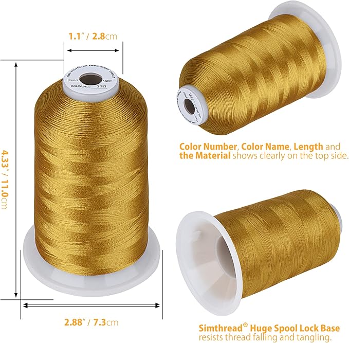 Simthread Embroidery Thread 5500 Yards Brass 328, 2 Huge Spools 40wt Polyester for Brother, Babylock, Janome, Singer, Pfaff, Husqvarna, Bernina Machine