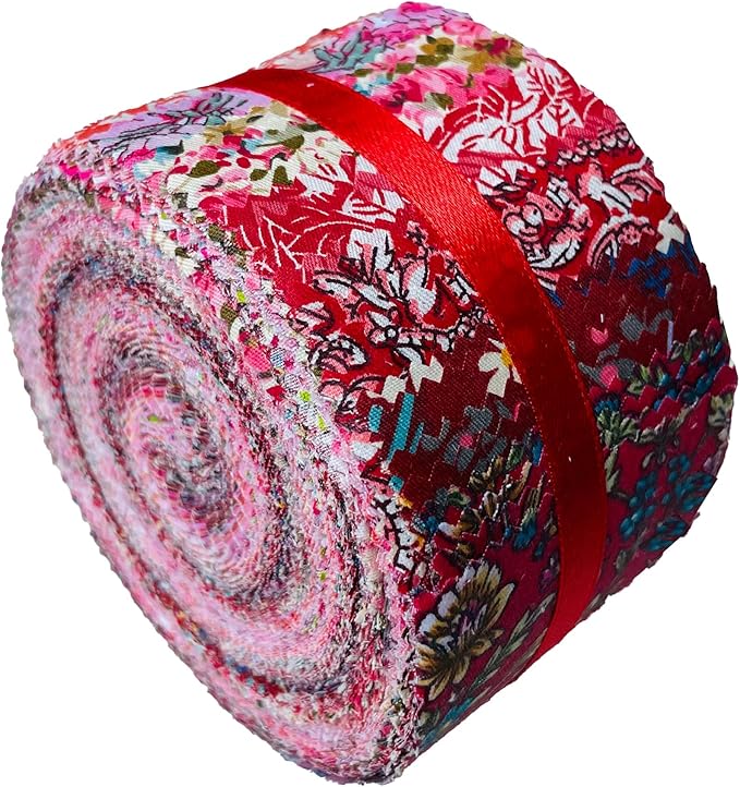 LUMANSUO Jelly Roll Fabric - 10 Assorted Floral Prints, 100% Cotton, 40 Pre-Cut Strips (2.5 x 44 Inch) Fabric for Quilting and Sewing,Red