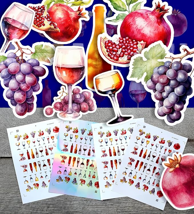 Stickers Pack (Over 150 Stickers) Various Bottles and Glasses of Wine with Berries and Fruits Vintage Styled Small Vinyl Stickers White Holographic Transparent