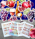 Stickers Pack (Over 150 Stickers) Various Bottles and Glasses of Wine with Berries and Fruits Vintage Styled Small Vinyl Stickers White Holographic Transparent