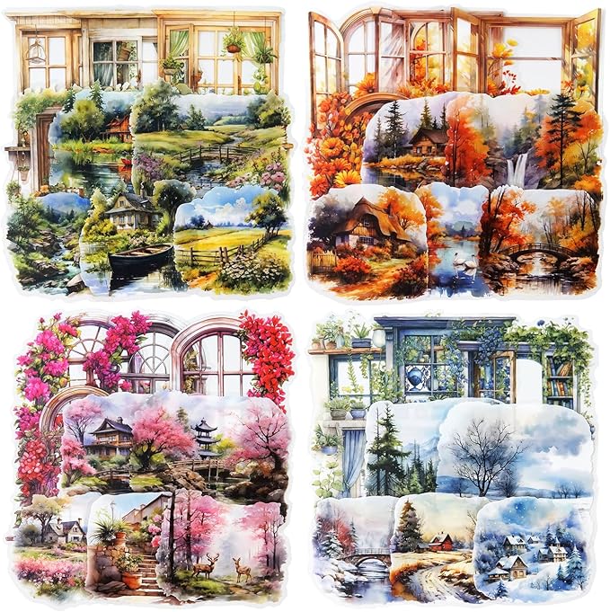 40Pcs Window PET Stickers, Seasonal Landscape Stickers for Scrapbooking, DIY Crafts, Journaling Supplies & Junk Journal Ephemera