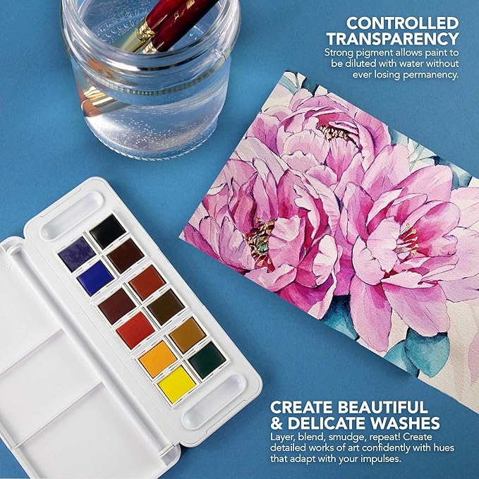 Daler Rowney Aquafine 12-pc Watercolor Travel Set - Watercolor Paint Set for Watercolor Paper and More - Watercolor Set for Artists and Students - Water Color Paint for All Skill Levels