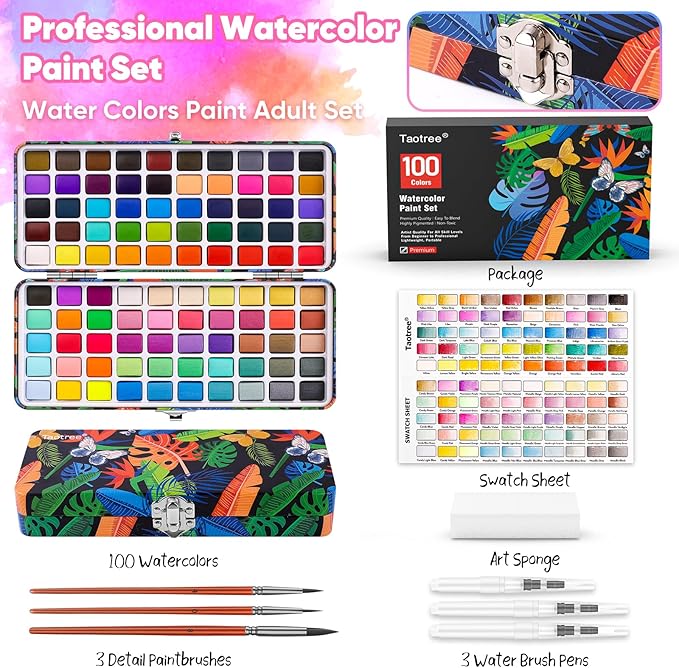 Taotree Watercolor Paint Set 100 Colors, Art Supplies Watercolors Kit Travel Water Colors with 3 Paints Brushes, Crafts Painting Supplies, Drawing Christmas Gifts for Adults Artist Drawing, Painting