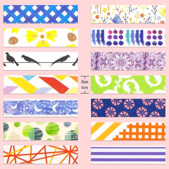 48 Rolls Washi Tape Set - 8mm Wide Decorative Masking Tape, Colorful Flower Style Design for DIY Craft Scrapbooking Gift Wrapping