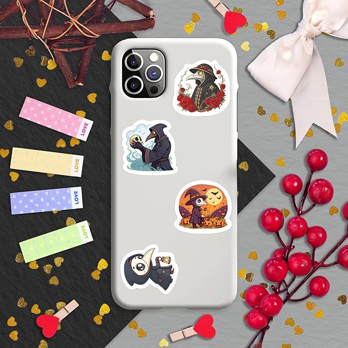 100Pcs Plague Doctor Stickers for Water Bottle, Laptop - Plaque Doctor Decoration & Party Supplies - Spooky Stickers - Gift for Women & Men