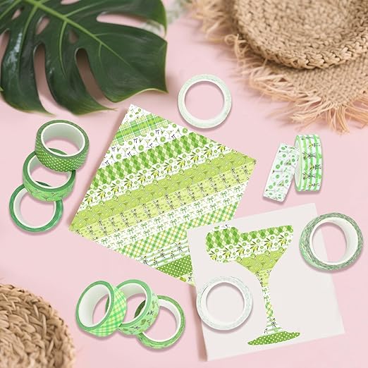 12 Rolls Greenery Washi Tape, Martini Bow Lemon Masking Tape, Checkered Martini Glass Decorative Sticker for Christmas Party Afternoon Tea Scrapbook Journal DIY Craft Gift Wraps 16.4FT