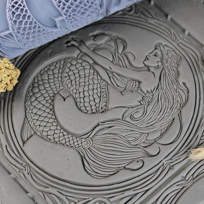 Mermaid Clay Texture Roller (4") - Ocean Set #01 - Embossing Pattern Roller for Polymer & Ceramic Clay, Pottery & Crafts