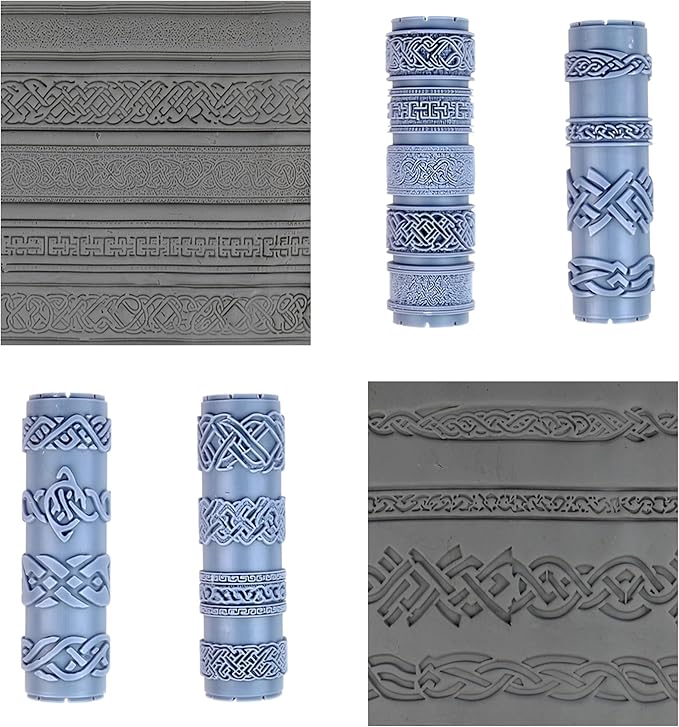 Celtic Knotwork Collection 4-Pack Clay Texture Rollers (4") - Seamless Border Set #01 - Embossing Pattern Rollers for Polymer & Ceramic Clay, Pottery & Crafts