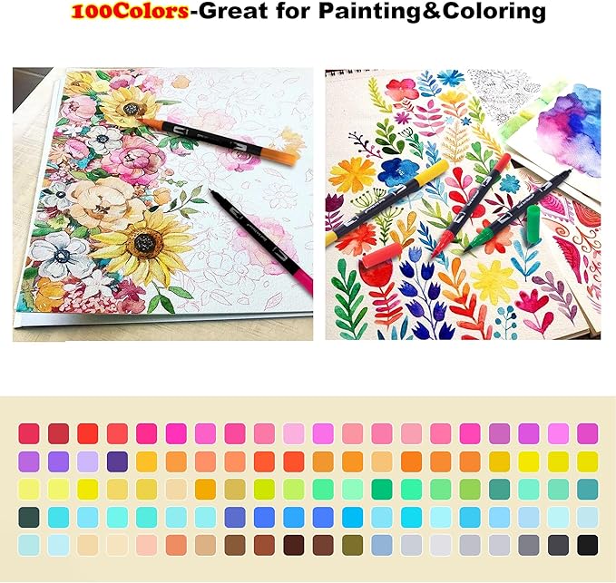 Dual Markers Brush Pens, 100 Coloring Pens and Fine Tips – Premium Art Supplies for Adults, Perfect for Coloring Books, Hand Lettering, Calligraphy, and Drawing