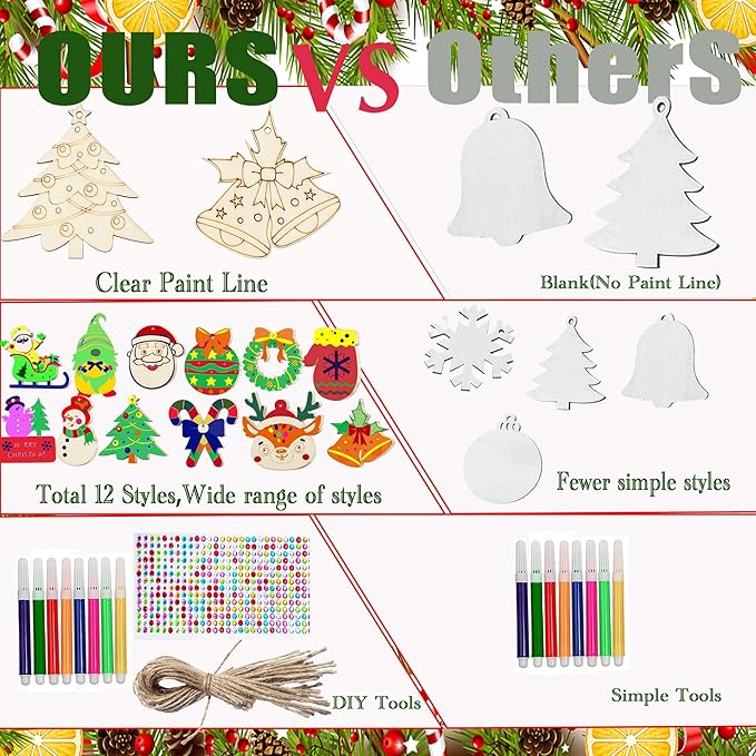 Aodmti 60 pcs DIY Christmas Wooden Ornaments Unfinished Wood Slices to Paint, Wooden Christmas Ornaments Crafts with 12 Styles,DIY Snowflake,Santa Claus,Moose Christmas Tree Ornaments kit