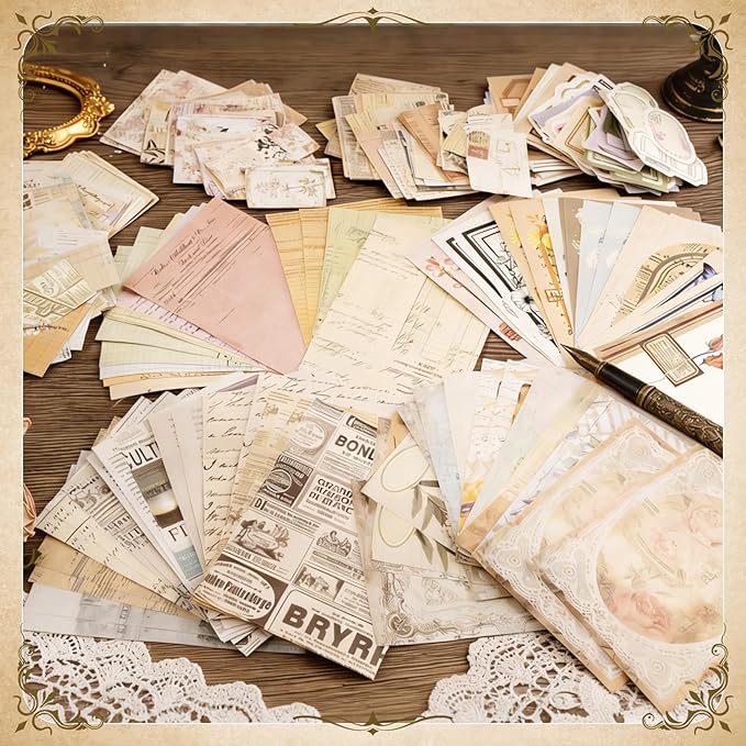 400Pcs Scrapbook Supplies Kit,4 Pack Vintage Decorative Paper Scrapbooking Supplies for Bullet Journal, Junk Journal, Planner, Collage Card Making，Retro Crafts，Aesthetic DIY Craft Embellishments