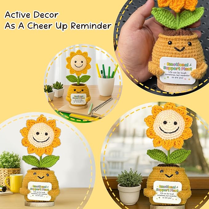 TUHNG & HYOO Emotional Support Crochet Positive Sunflower Plant Appreciation Messages Gifts, Positive Emotional Handmade Crochet Plant Decor Stuff Gifts for Women Men Friends
