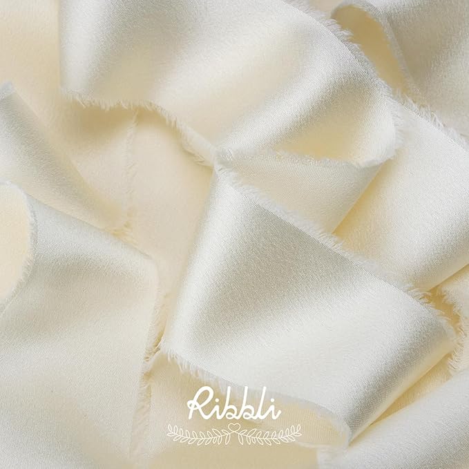 Ribbli Ivory Silk Satin Ribbon 1.5 Inch x 30 Yard Handmade Frayed Chiffon Cream Ribbon for Gift Wrapping Wedding Invitations Bridal Bouquets Home Decor