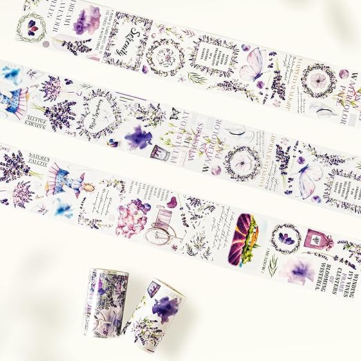 WT Pre-Cut Purple Muse Wide PET Tape, Single Roll, Soft Purple Florals & Handwritten Script, Transparent Decorative Tape for Journaling, Scrapbooking, Bujo, Planner, DIY Crafts, 70mm×5m