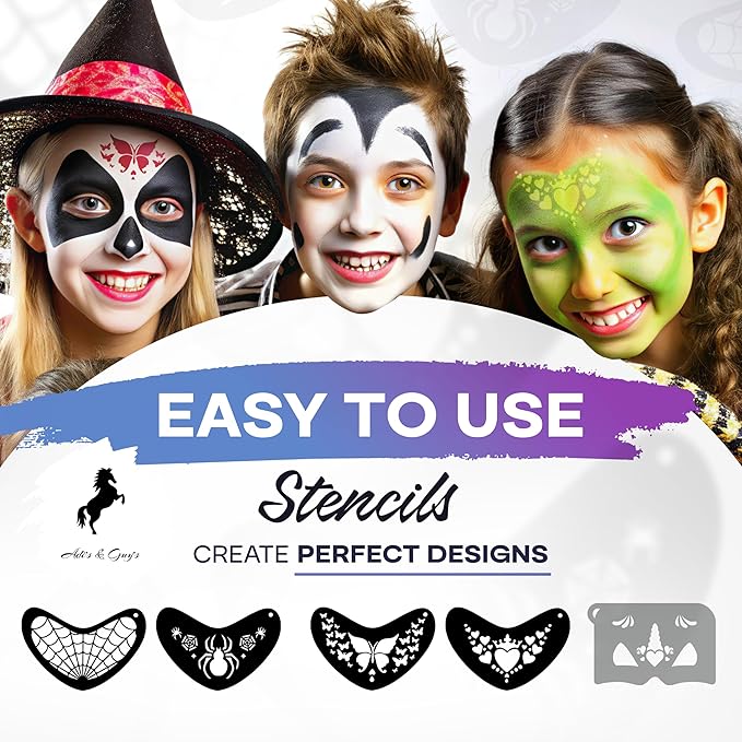 Face Paint Kit for Kids – 12 Vibrant Split Cake Colors, 40 Reusable Stencils, Brushes, Sponges & Tattoo Sheets – Non-Toxic, Paraben-Free, Easy to Apply & Wash Off – Perfect for Parties & Halloween.