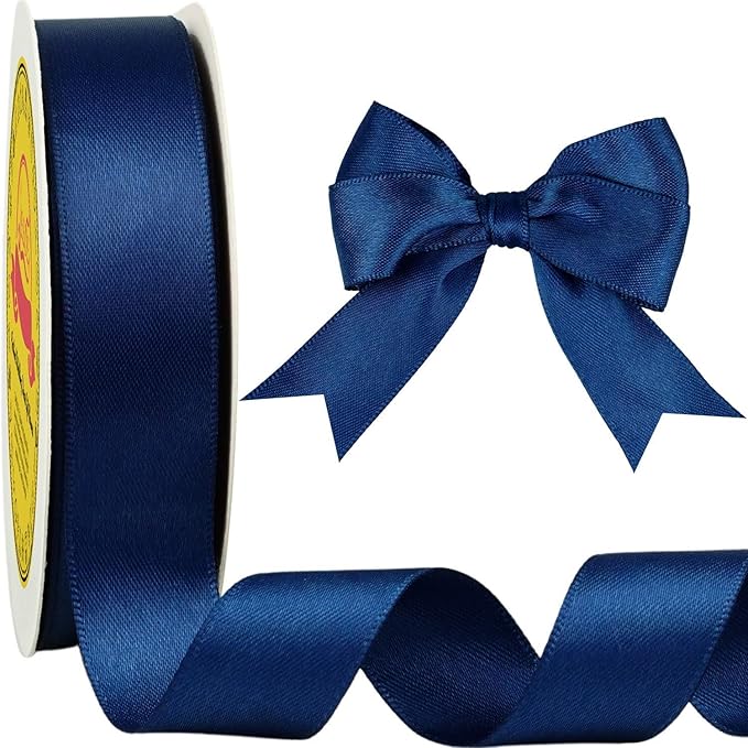 Double Face Navy Blue Satin Ribbon 7/8 inch X 25 Yards Polyester Navy Blue Ribbon for Gift Wrapping Very Suitable for Weddings Party Invitation Decorations and More