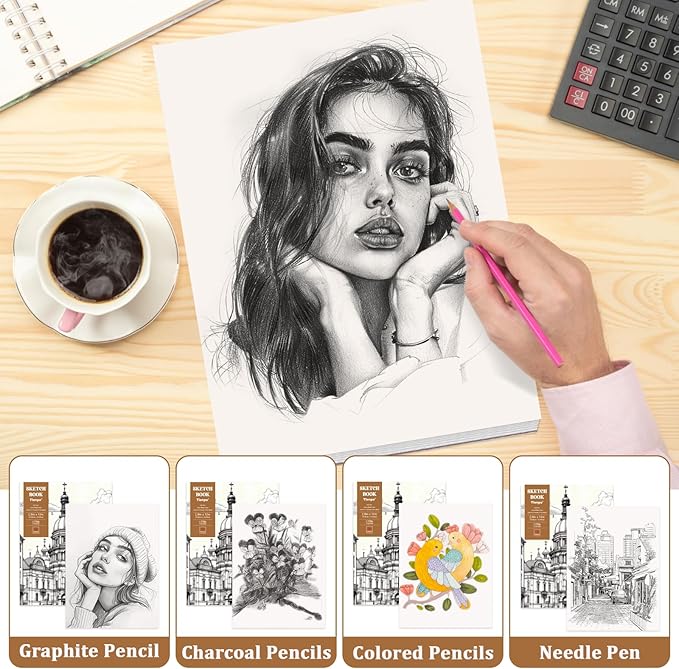Tlenpo 9 x 12 Inch Glue Bound Sketchbook, 50 Sheets (73 lb/120gsm) Acid Free Artist Drawing Book Paper, Art Supplies for Adults Kids, Craft Activities, Sketch Paper for Drawing Coloring Sketching